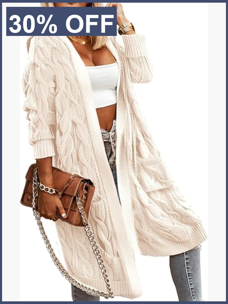 Oversized Cable Knit Hooded Cardigan With Pockets Long Sweater